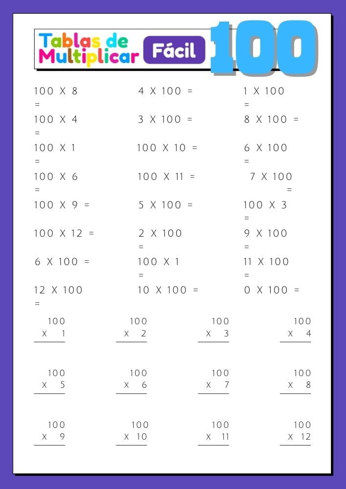 Imágenes con ejercicios para imprimir de la tabla del 100